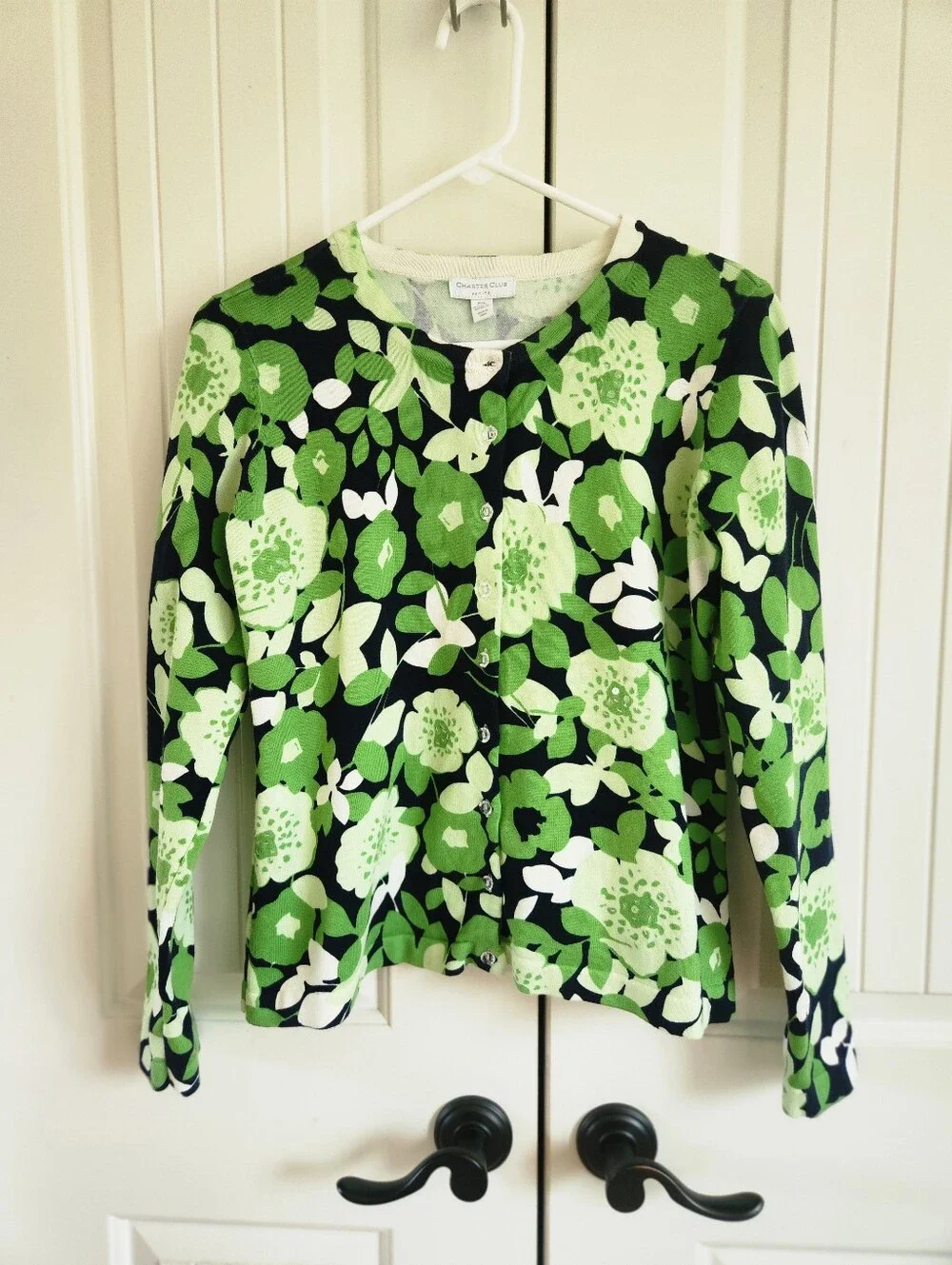 Charter Club Green & Black Cardigan Flower & Leaf, Size-Marked as PS but is PM